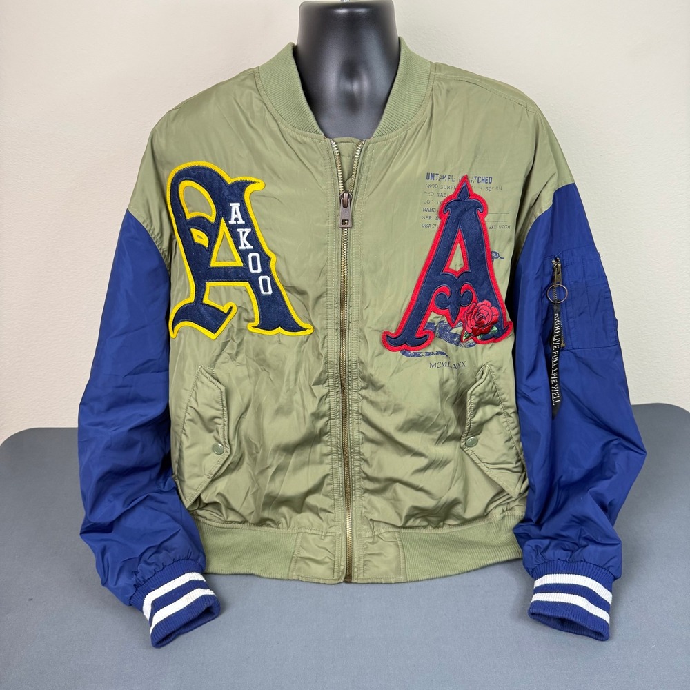 AKOO Bomber Jacket Mens XL Green Blue Colorblock Varsity Chenille Patch Flight
